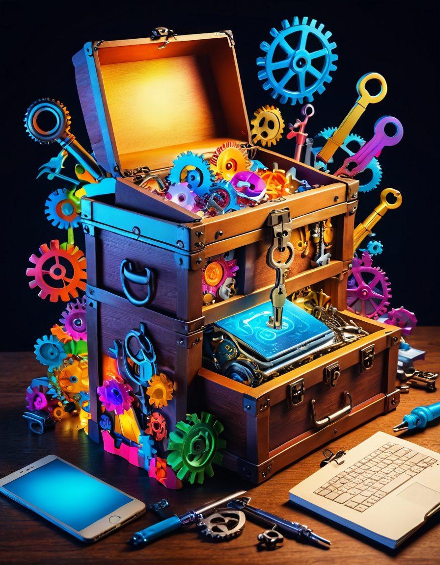 A vibrant collage featuring a glowing key unlocking a treasure chest overflowing with essential tools like a laptop, notepad, and gears, symbolizing knowledge and support. Include diverse figures assisting each other in the background, showcasing teamwork and collaboration. Bright, uplifting colors to evoke inspiration and motivation. surrealistic. colorful. 3D.