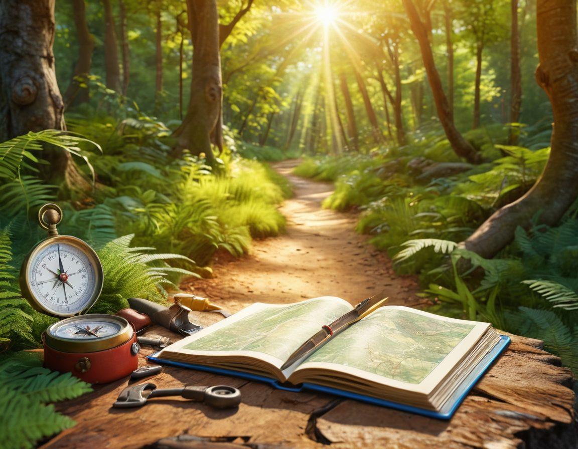 A vibrant landscape depicting a winding path through a lush forest, with various tools like a compass, map, and notebook scattered along the way. Sunlight filters through the trees, illuminating the journey ahead, symbolizing exploration and discovery. In the background, a welcoming open book serves as a metaphor for knowledge. super-realistic. vibrant colors. 3D.