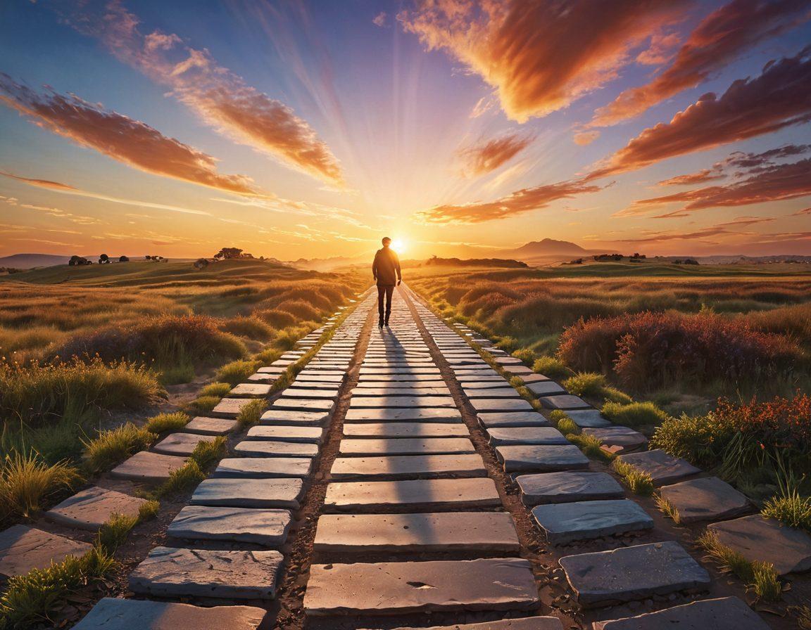 A dynamic scene where a person stands at the crossroads, confidently choosing a path made of challenges represented as hurdles but leading towards a bright horizon filled with stepping stones of opportunities. In the background, a sunrise illuminates the sky, symbolizing hope and potential growth. Vibrant colors and a sense of movement illustrate the journey of transformation. super-realistic. vibrant colors. inspirational atmosphere.